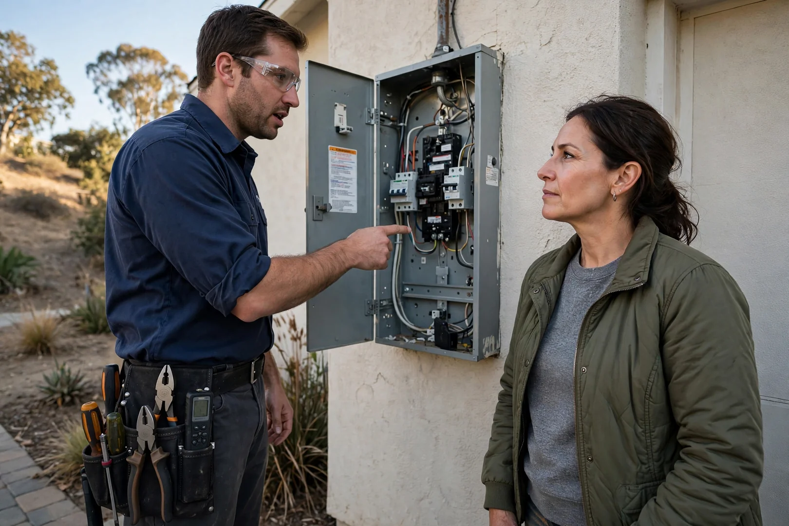 Electrician testing a branch circuit with a multimeter inside a San Ramon home