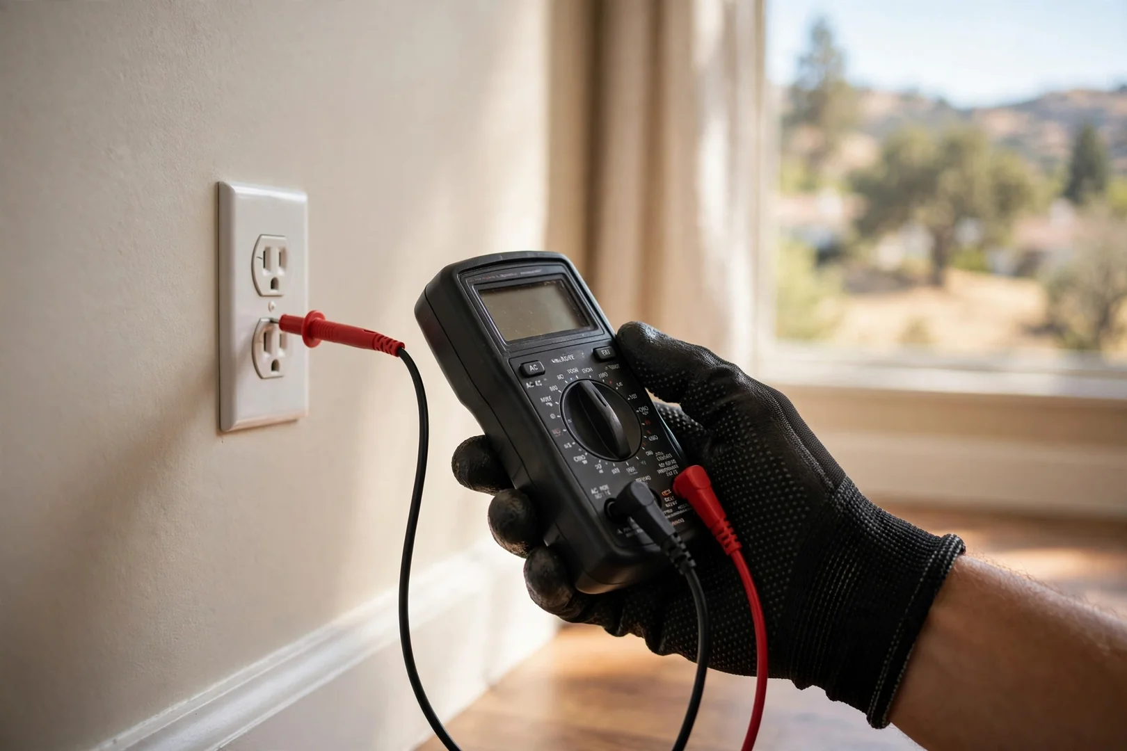 Electrician testing outlet voltage with a multimeter inside a San Ramon living room