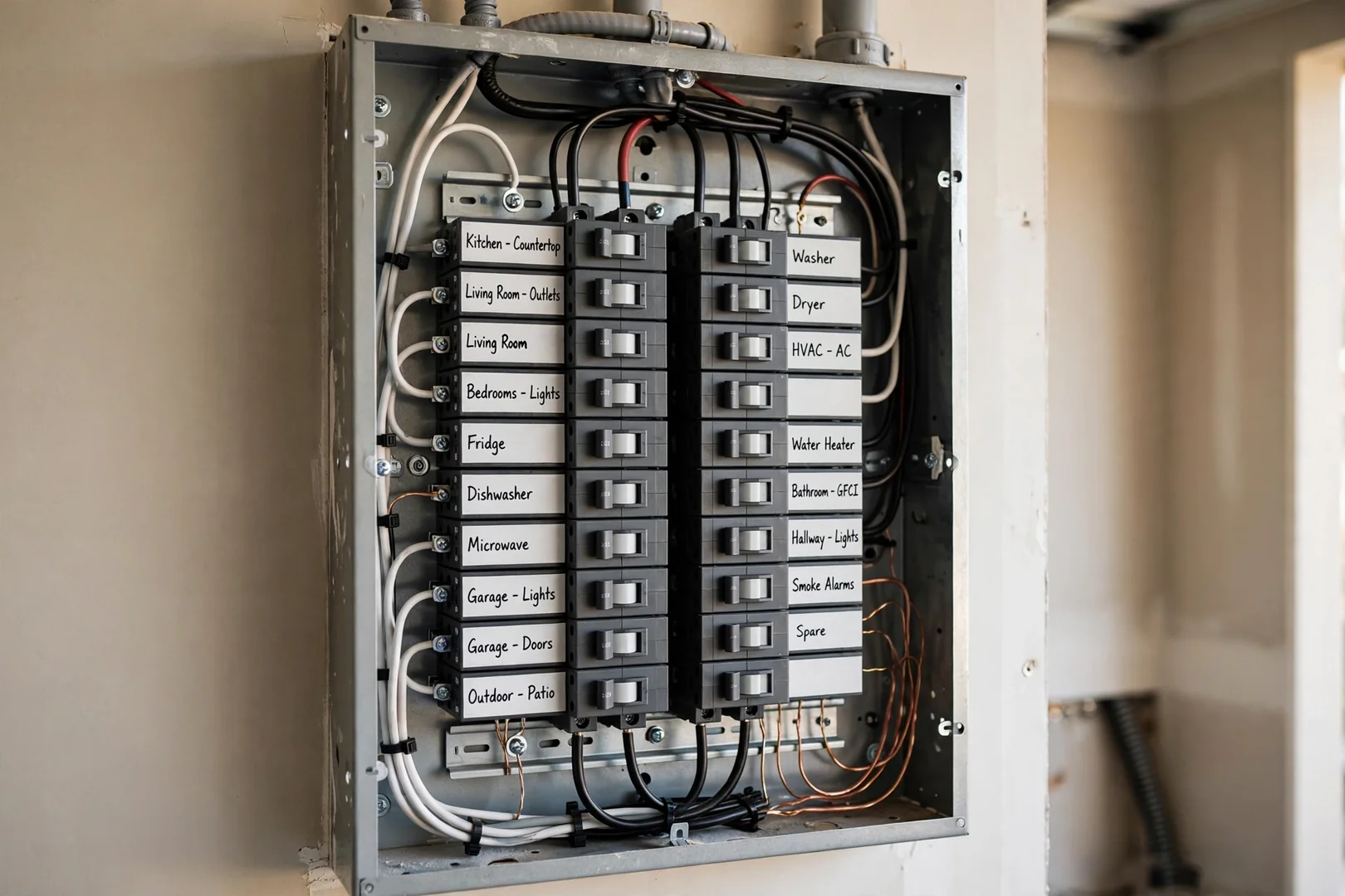 Open residential electrical panel with labeled breakers after a circuit fault diagnosis