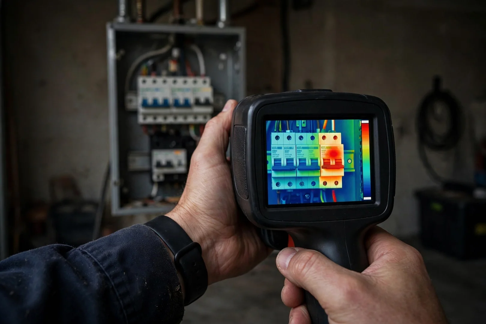 Thermal imaging scan of a warm circuit breaker during a home electrical diagnostic