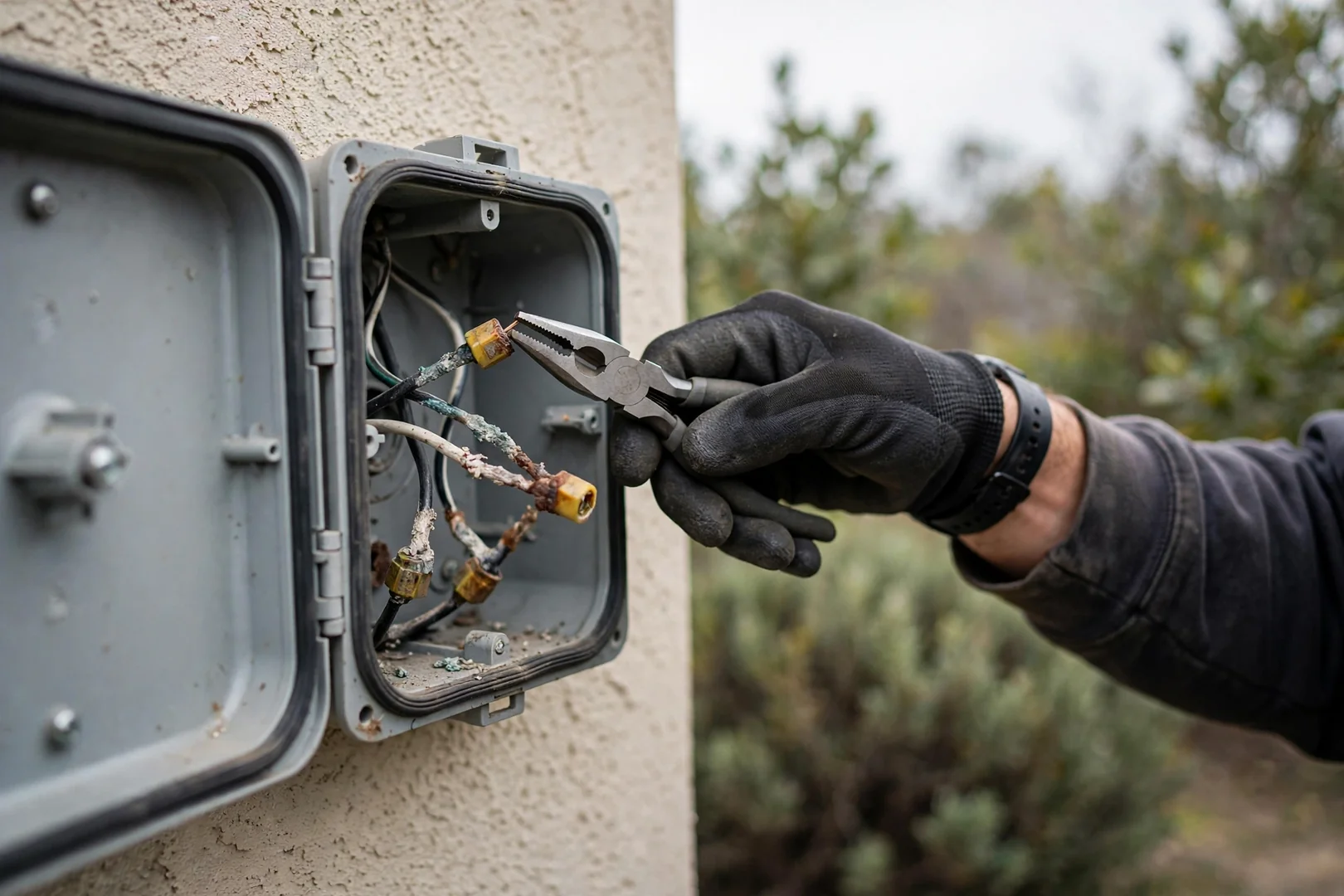 Exterior junction box opened to inspect corroded wiring after moisture intrusion