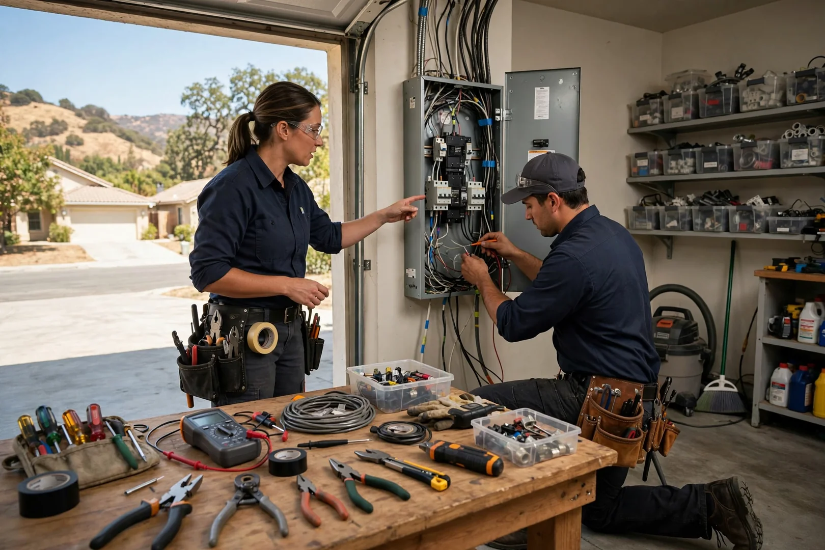 Wide view of a garage workspace set up for circuit mapping and fault tracing