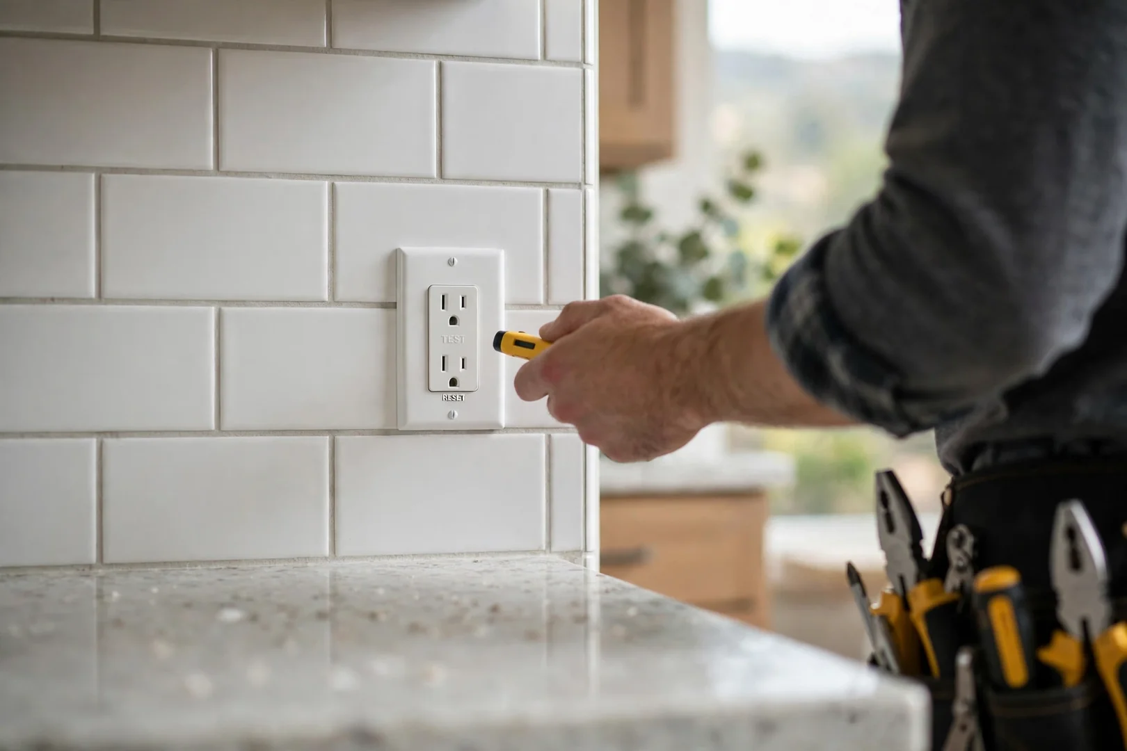 Repaired GFCI outlet tested and reinstalled after troubleshooting a dead kitchen circuit
