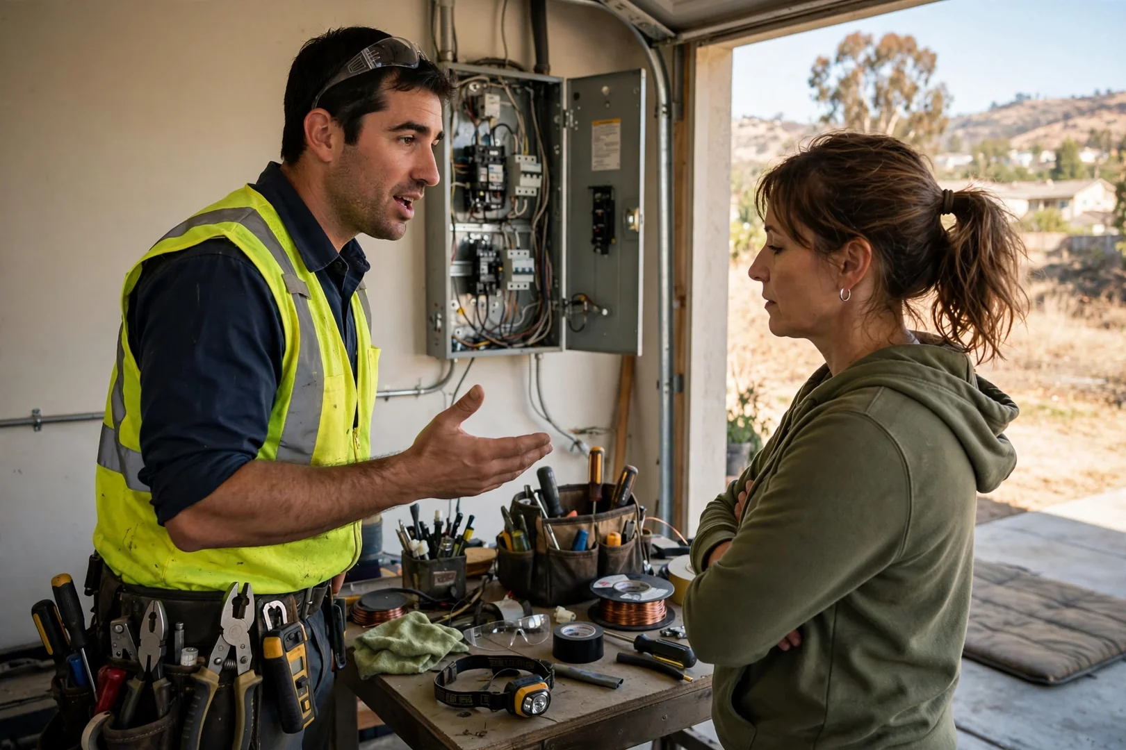 Scorched outlet and loose wire connections revealed during an electrical inspection in San Ramon