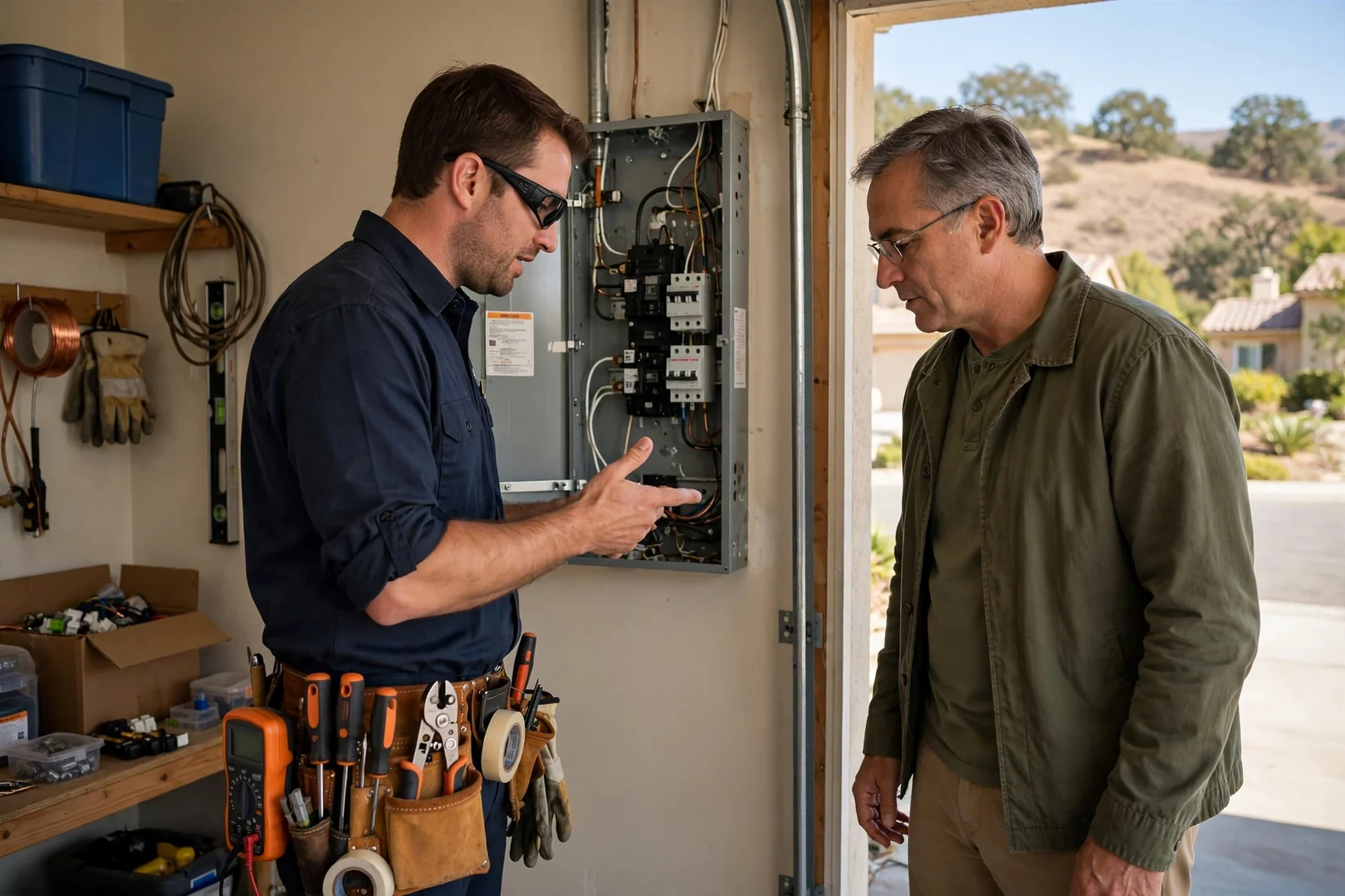 Electrician routing new copper branch circuit wiring through wall framing in a San Ramon home