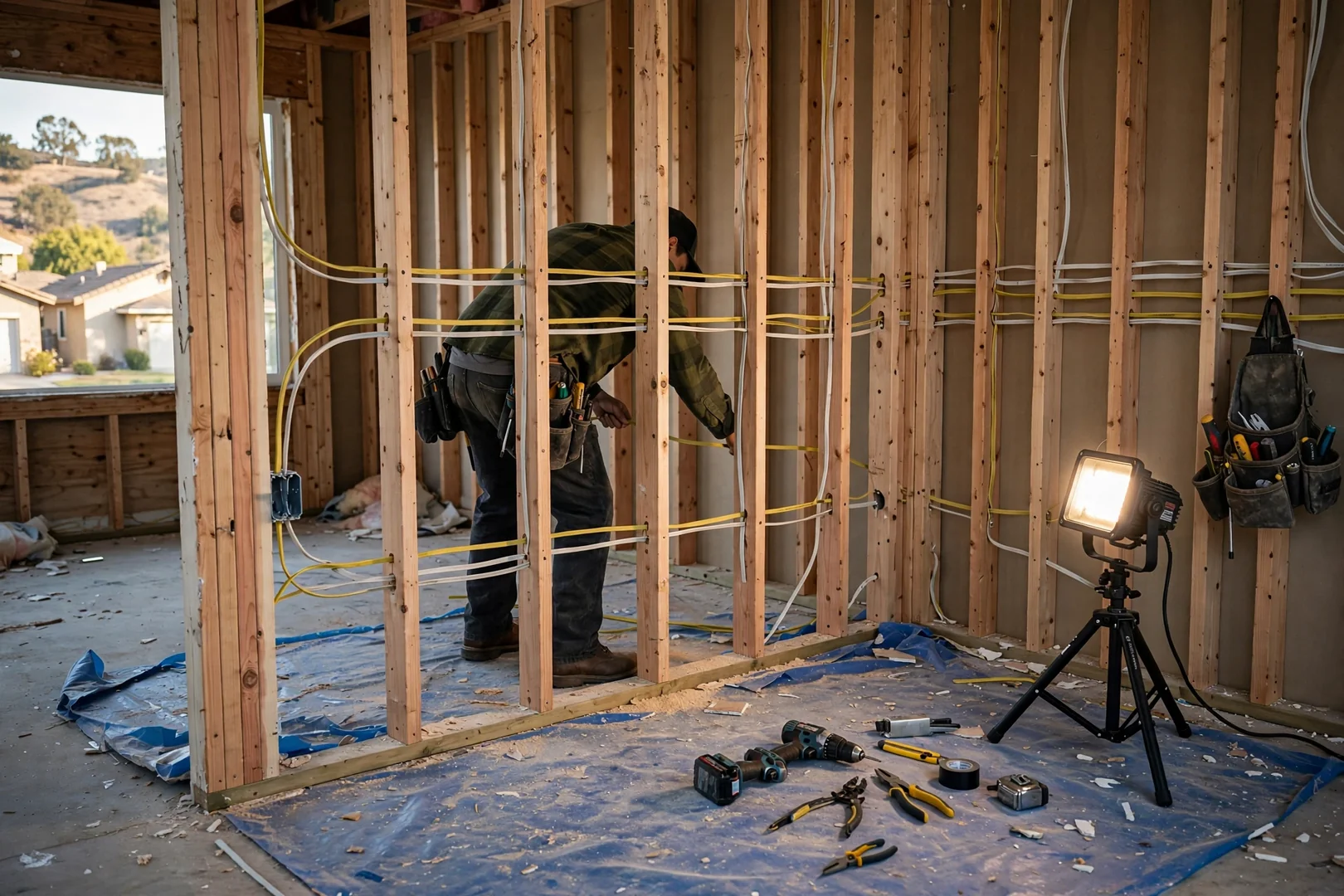 Electrician pulling new NM cable through open wall framing during a home rewiring project