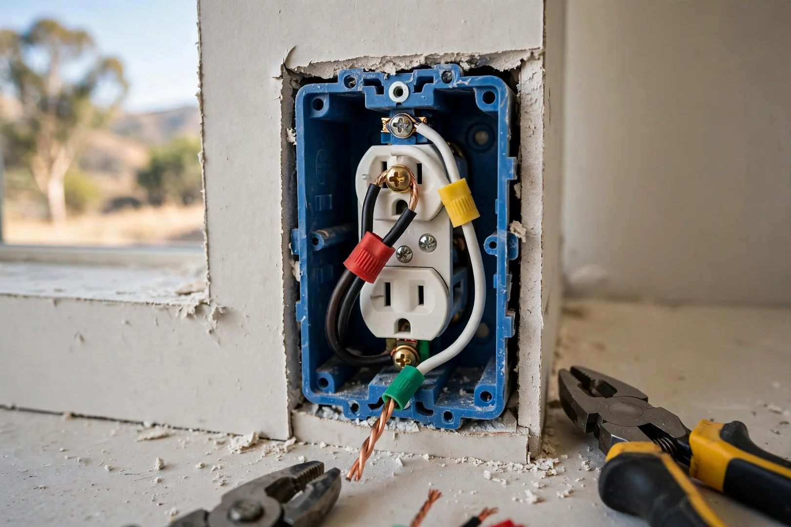 Close-up of neatly terminated copper conductors inside a newly installed wall outlet box