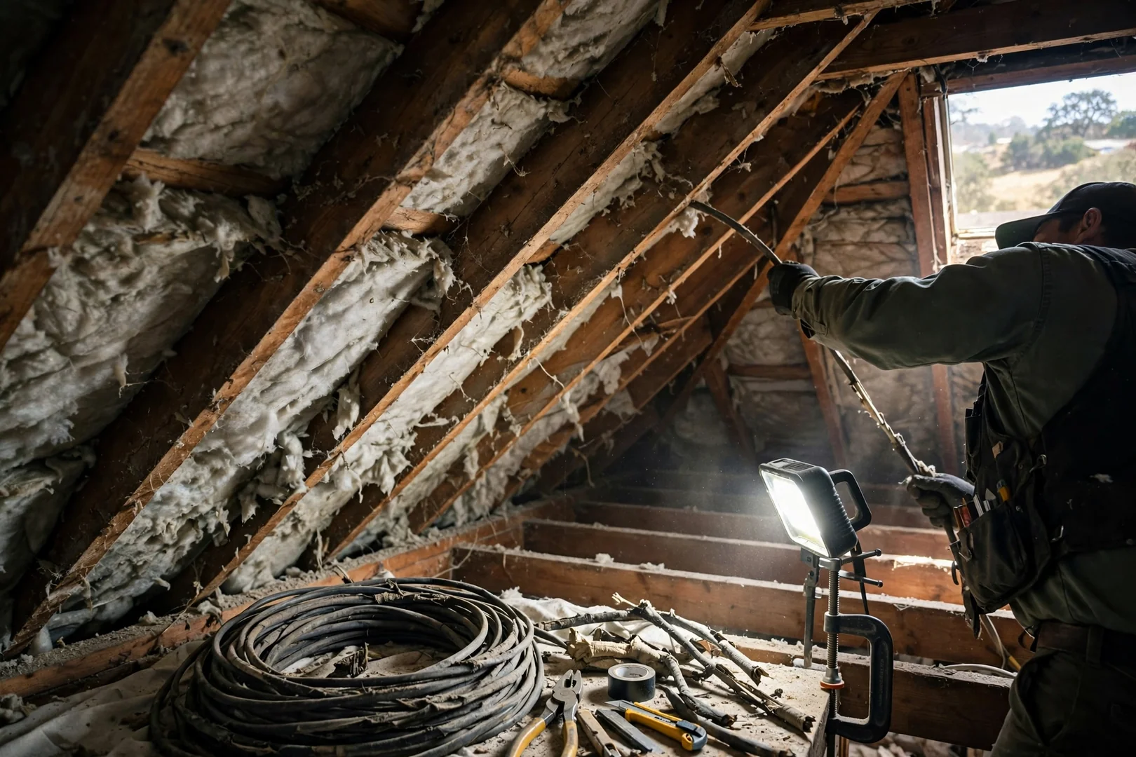 Old cloth-insulated wiring removed from an attic before new circuit installation in San Ramon