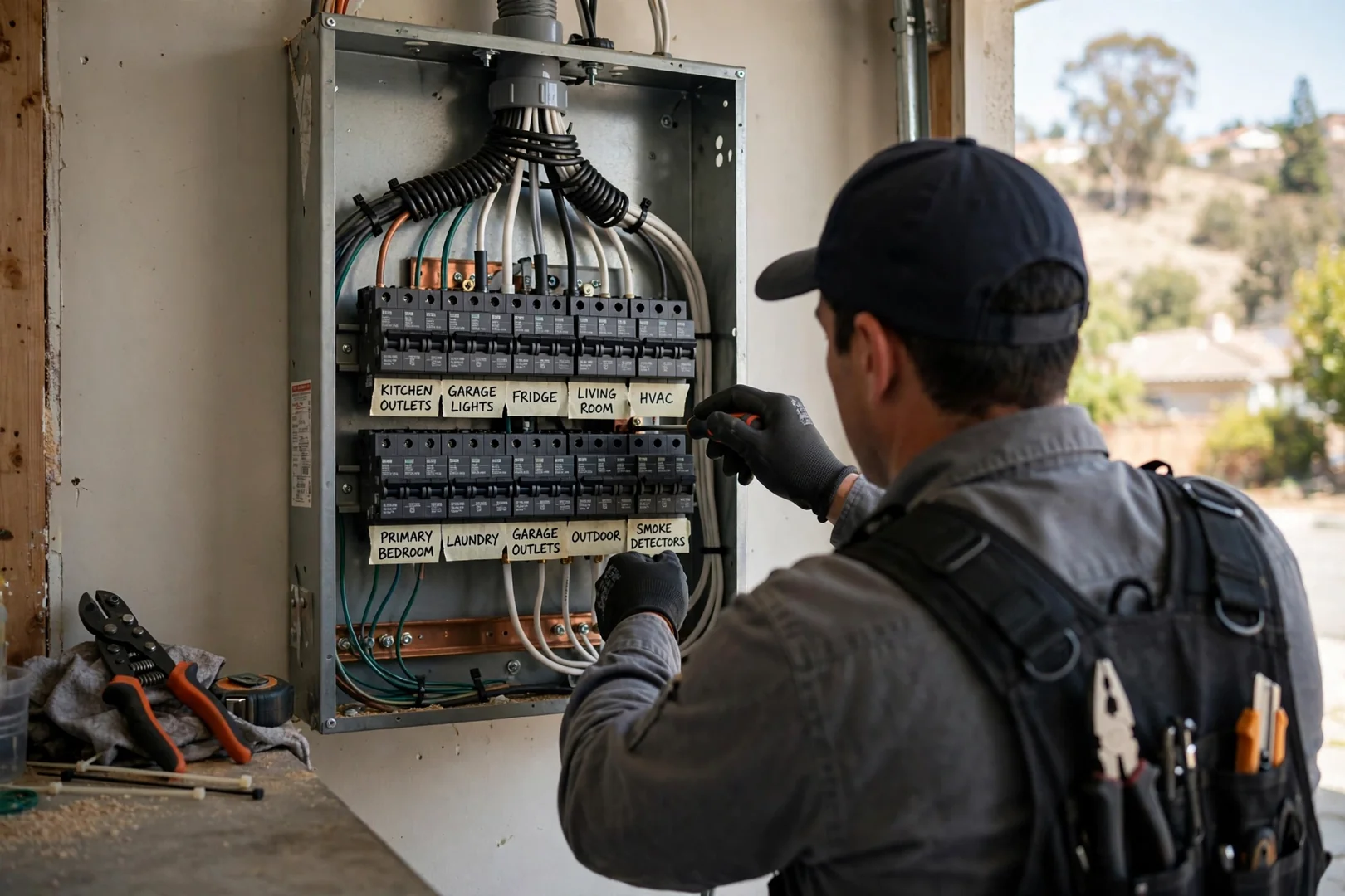 Labeled branch circuits and fresh cable runs entering a residential panel enclosure