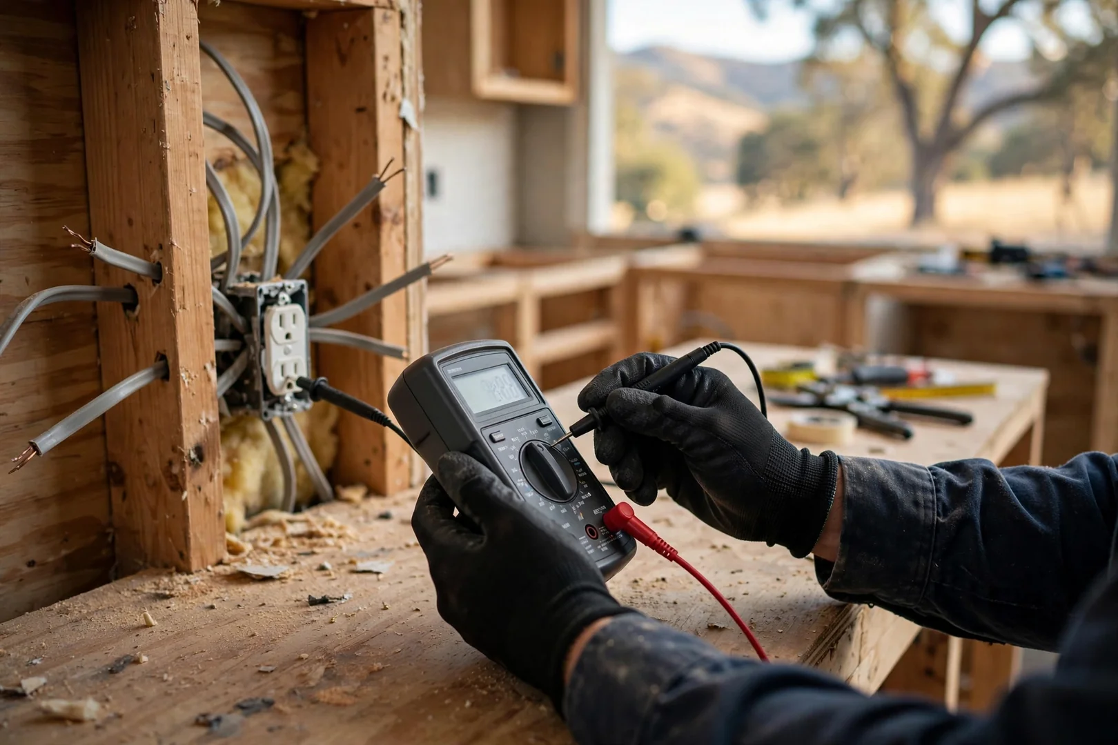 Technician testing circuit continuity with a multimeter during a kitchen wiring upgrade