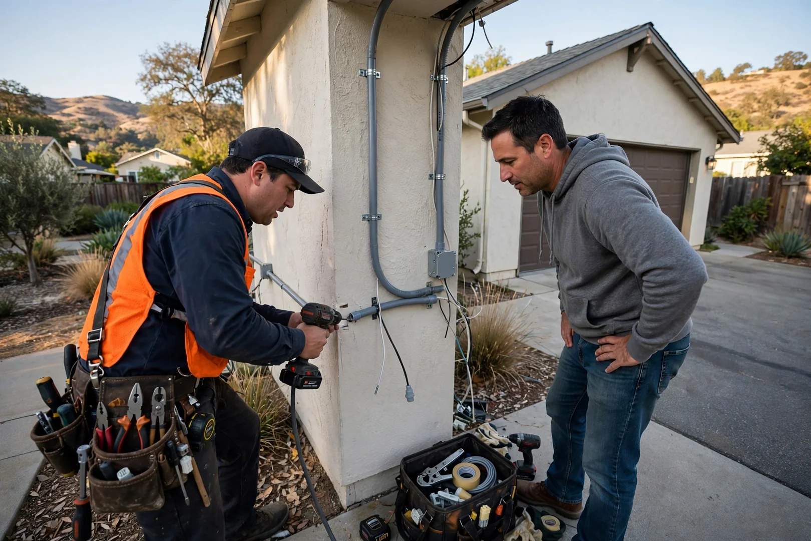 Exterior conduit run supplying new wiring to a detached garage in a suburban neighborhood