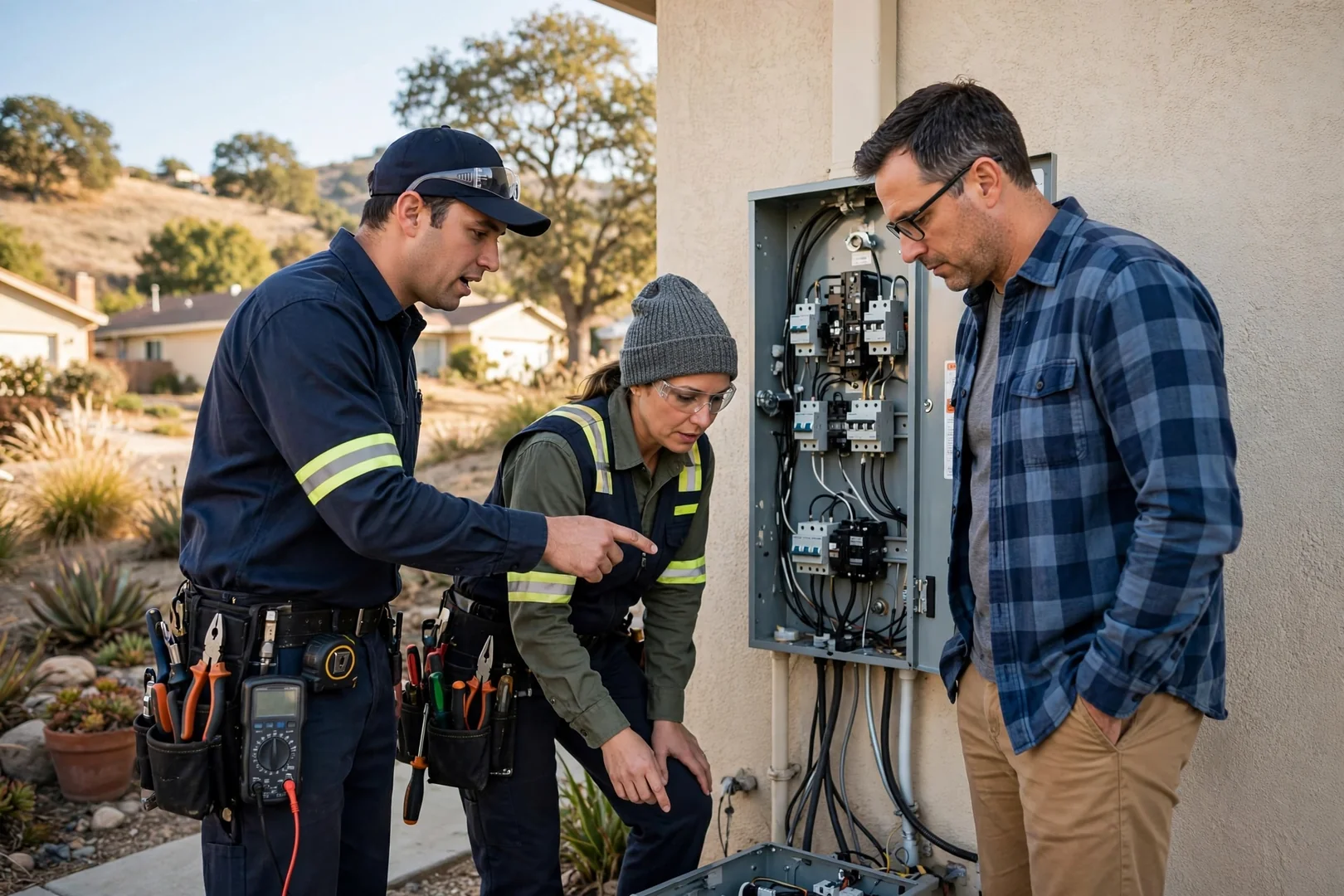 Electrician testing new branch circuit at open panel