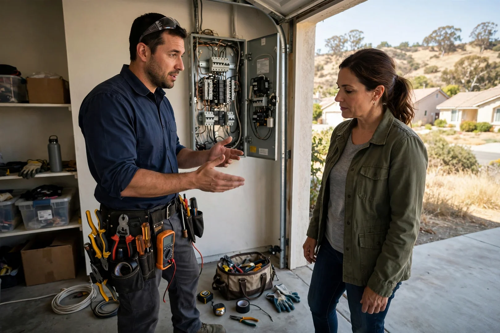Electrician reviewing panel findings with a homeowner in San Ramon