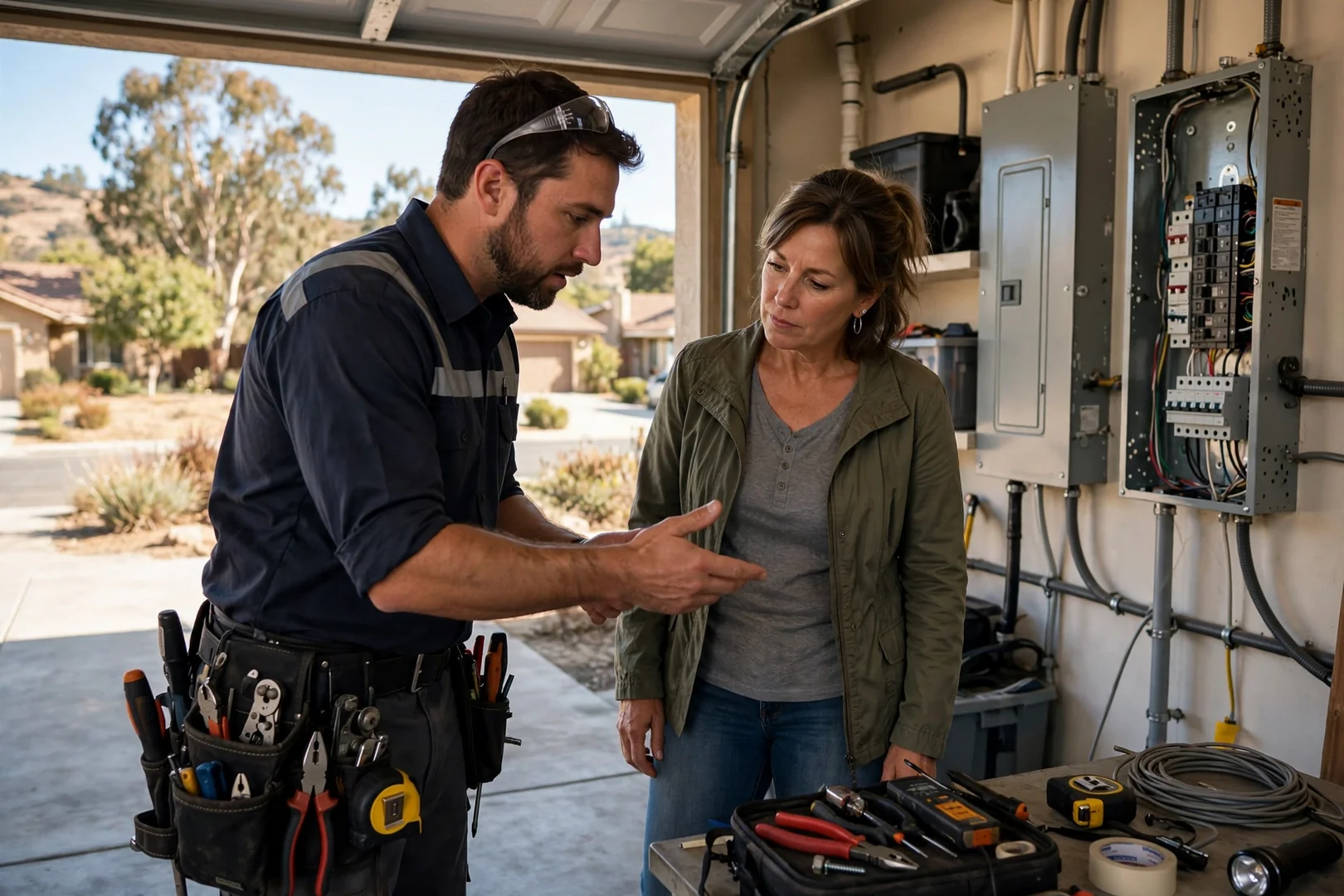 Electrician reviewing labeled circuit breaker panel with homeowner during post-job walkthrough in San Ramon