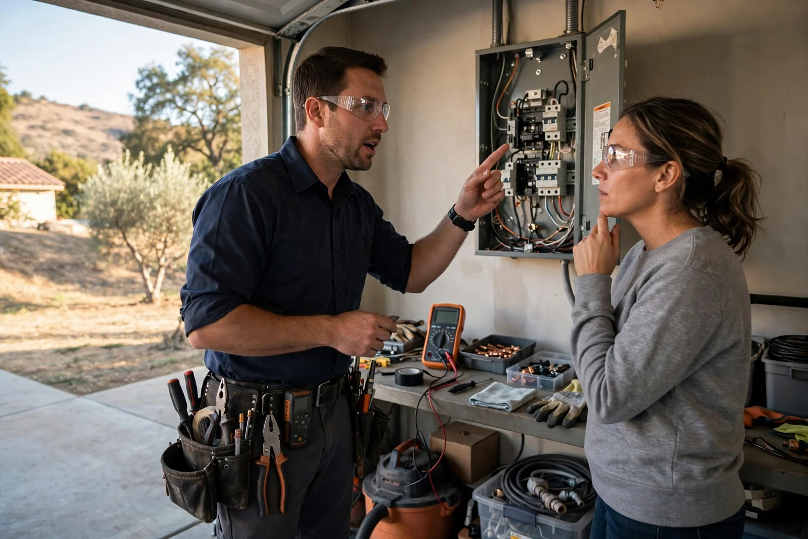 Electrician reviewing a written estimate with homeowners beside an open electrical panel in San Ramon