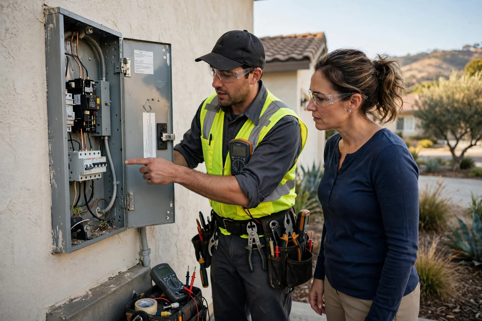 Clamp meter and circuit tracer laid out beside an open subpanel in a San Ramon home