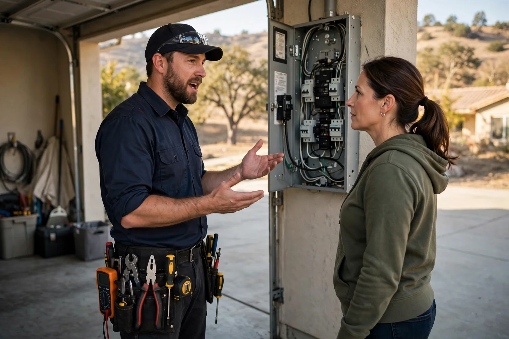 Electrician reviewing a written estimate with a homeowner