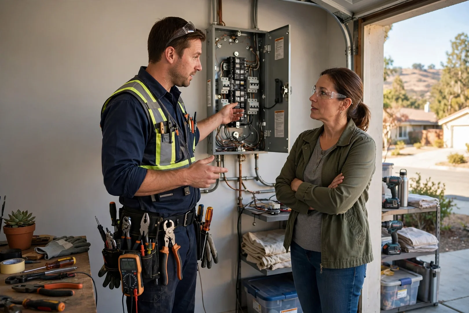 Electrician testing breaker connections inside a residential service panel in San Ramon
