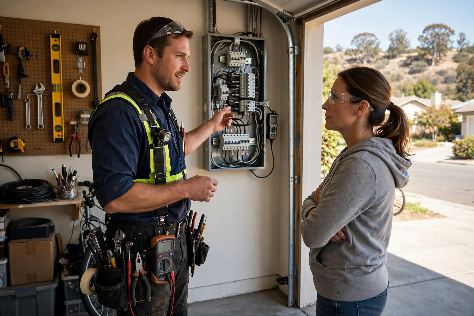 Electrician testing wiring connections with a multimeter during a residential service call