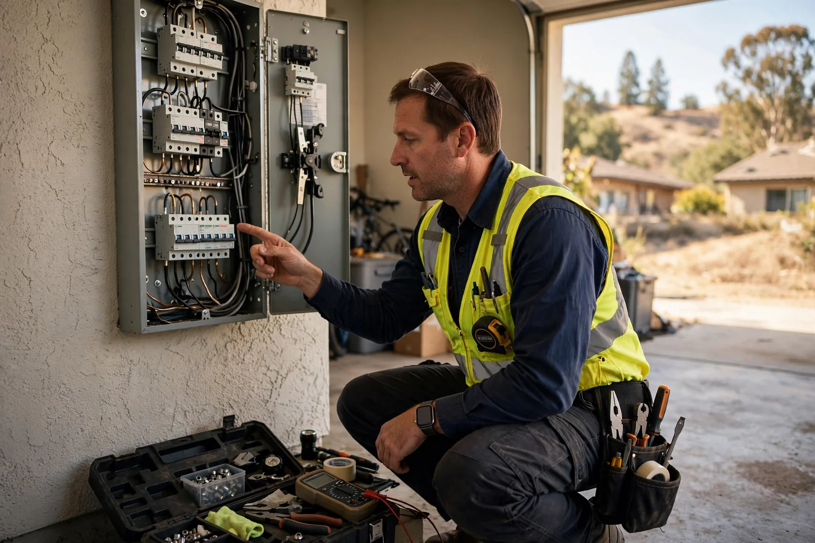 Homeowner reviewing a written emergency electrical repair estimate with a technician at a kitchen table