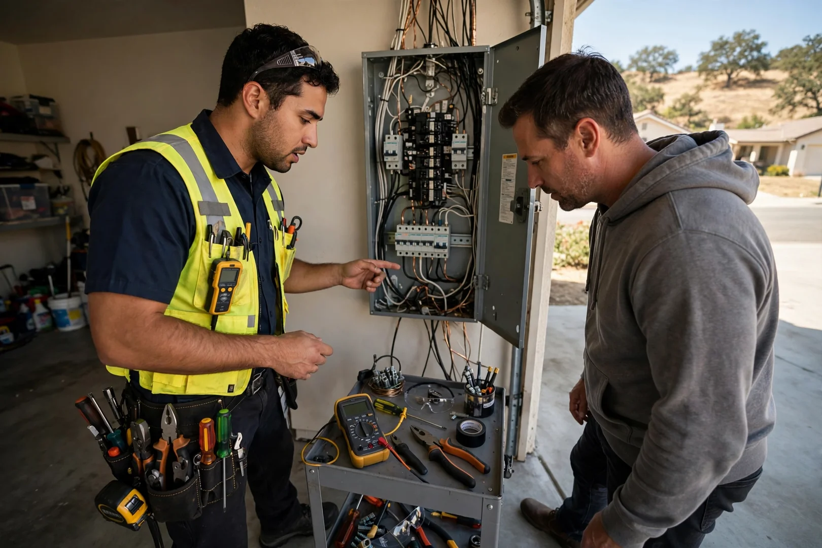 Electrician testing a residential electrical panel during an urgent service call in San Ramon
