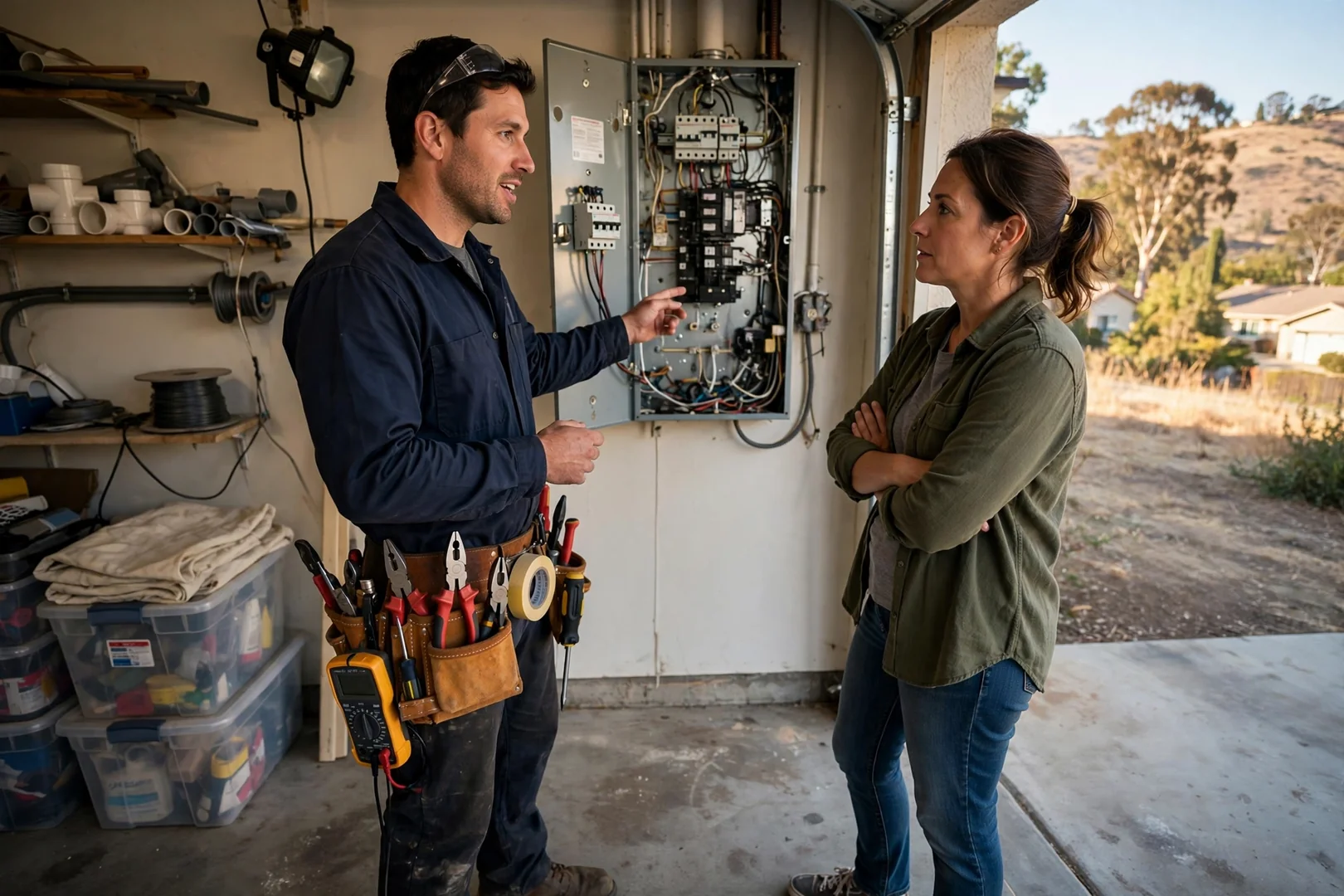 Technician isolating a faulty breaker inside an open electrical panel during a San Ramon emergency call