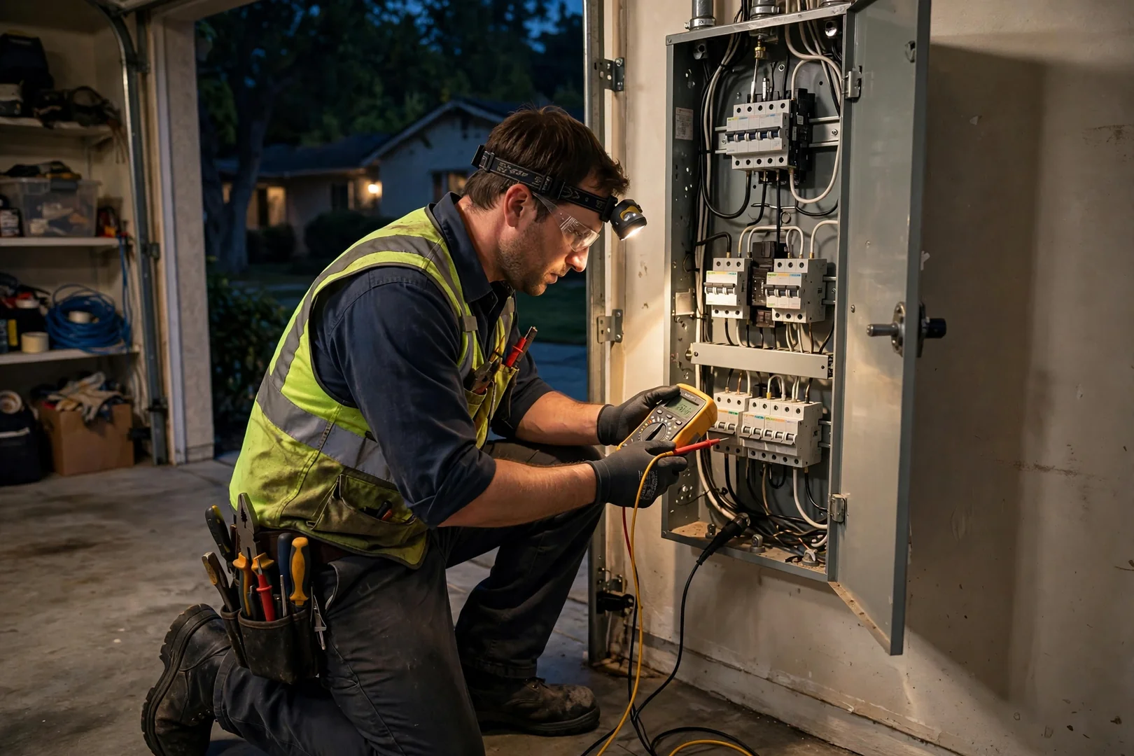 Electrician testing voltage at an open residential electrical panel during an after-hours outage call