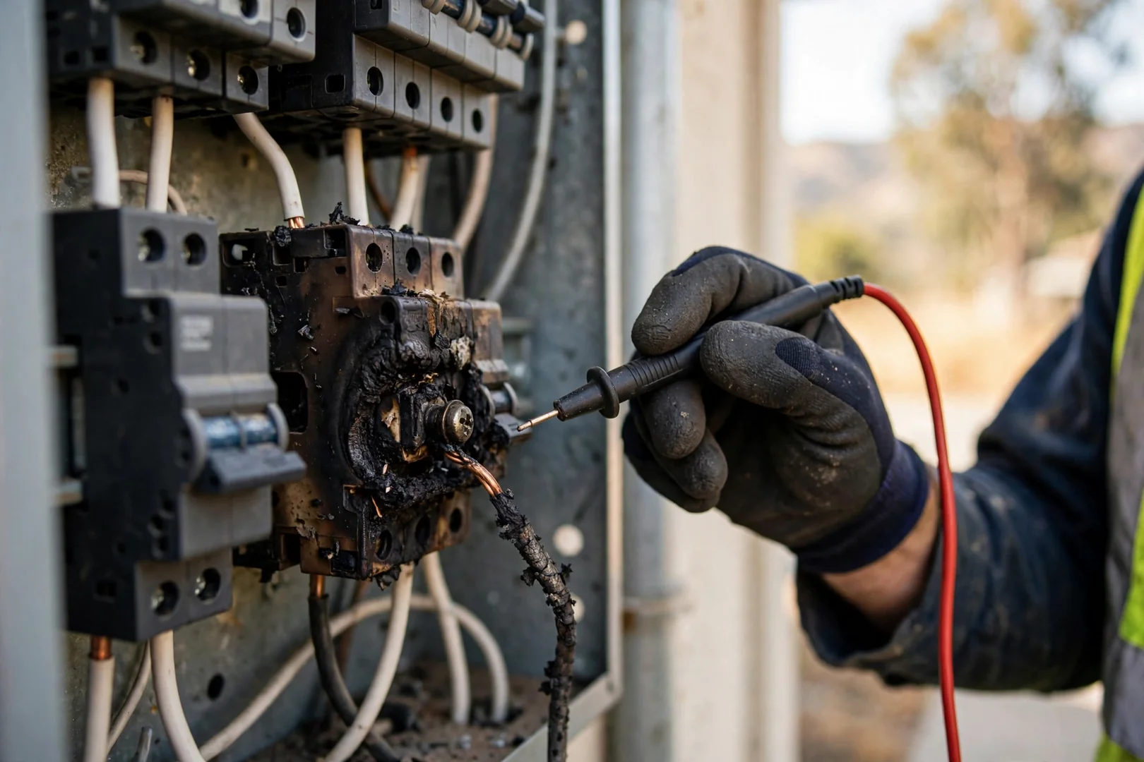 Close-up of a scorched circuit breaker terminal discovered during emergency panel inspection
