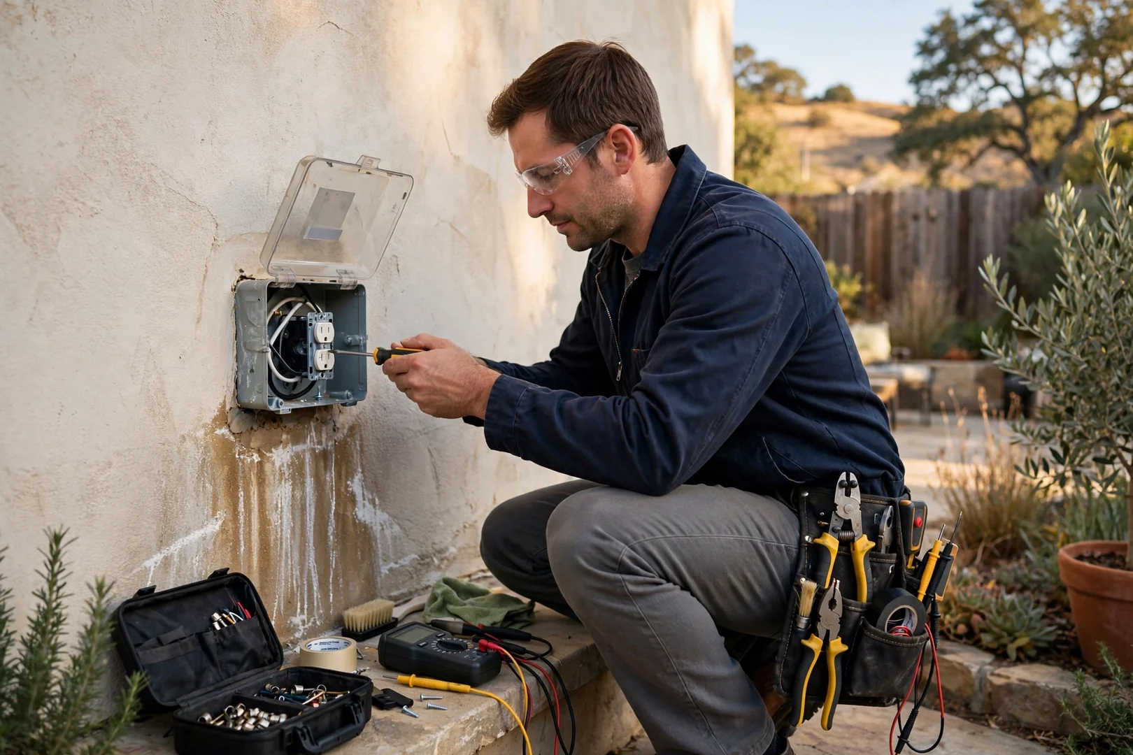 Replacement GFCI outlet installed on an exterior patio wall after a moisture-related trip