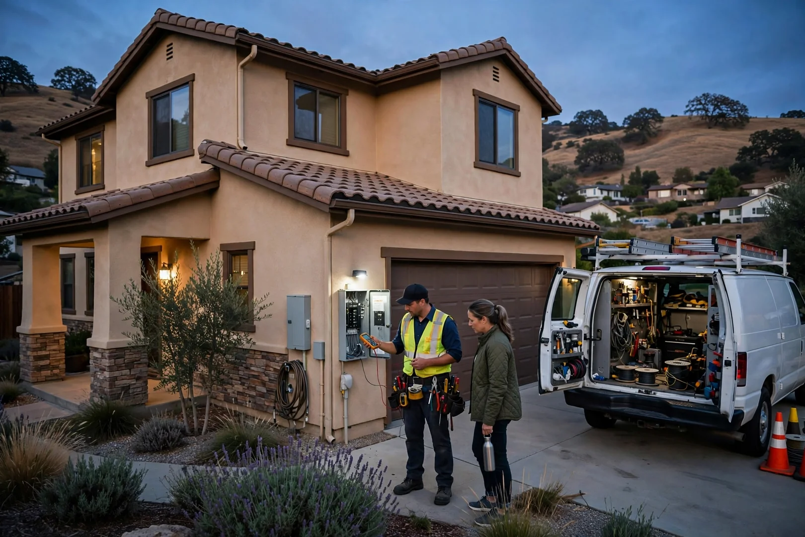 Wide shot of a San Ramon two-story home with service truck parked during evening repair