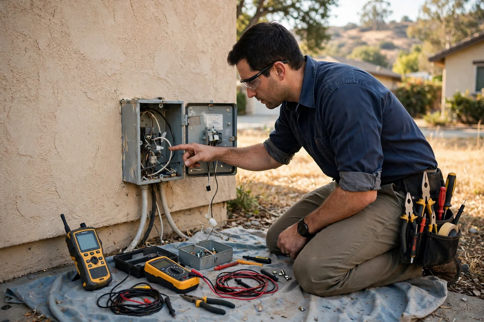 Circuit tracer and multimeter laid out on a drop cloth beside an opened junction box