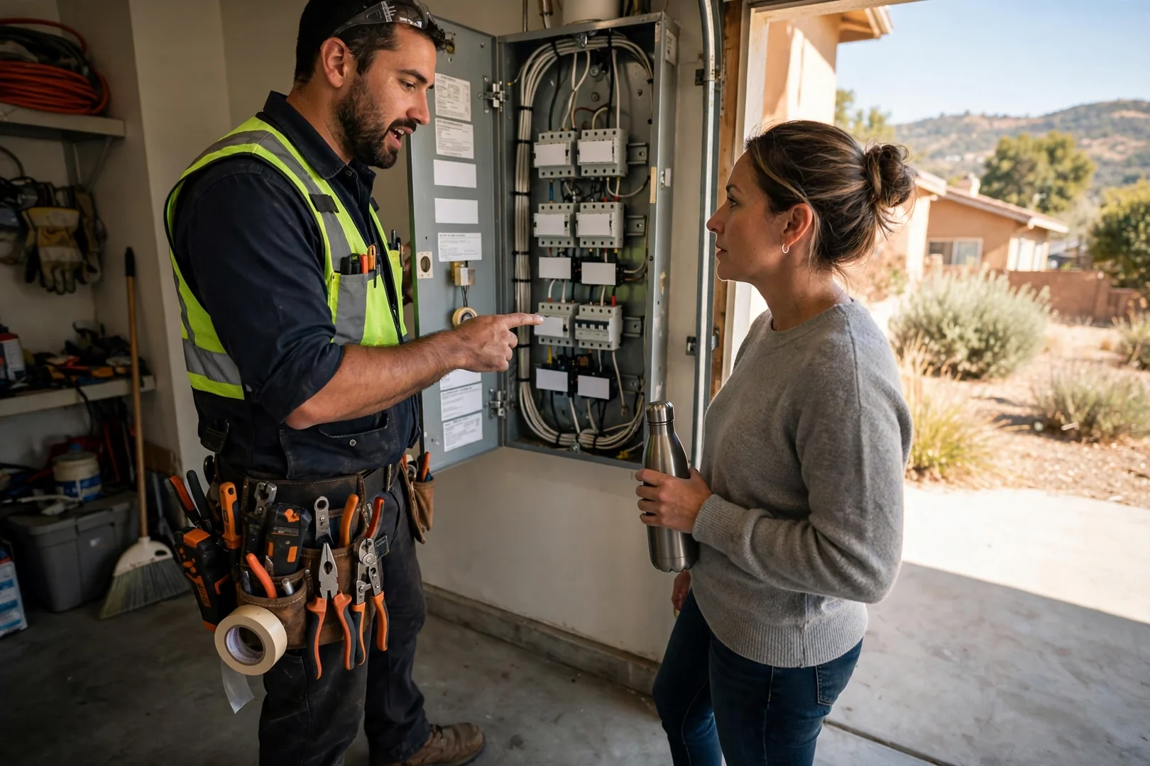 Homeowner reviewing restored panel labeling with electrician during post-job walkthrough