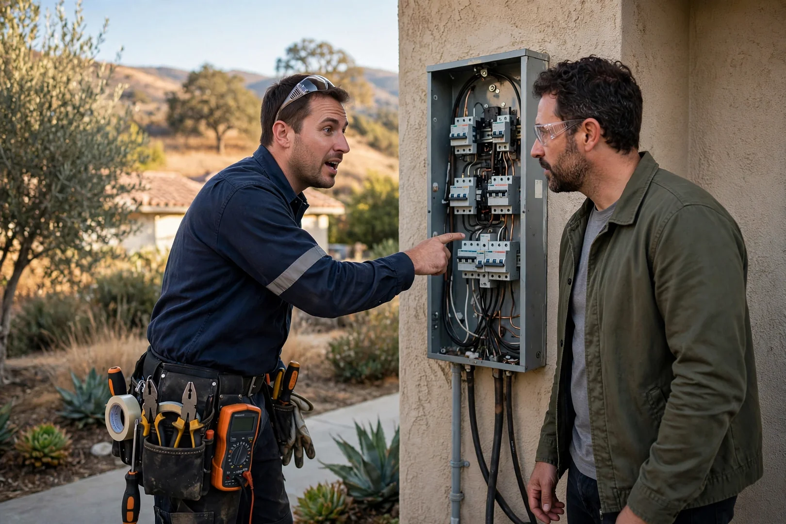 Homeowner reviewing an itemized EV charger installation estimate at a kitchen table