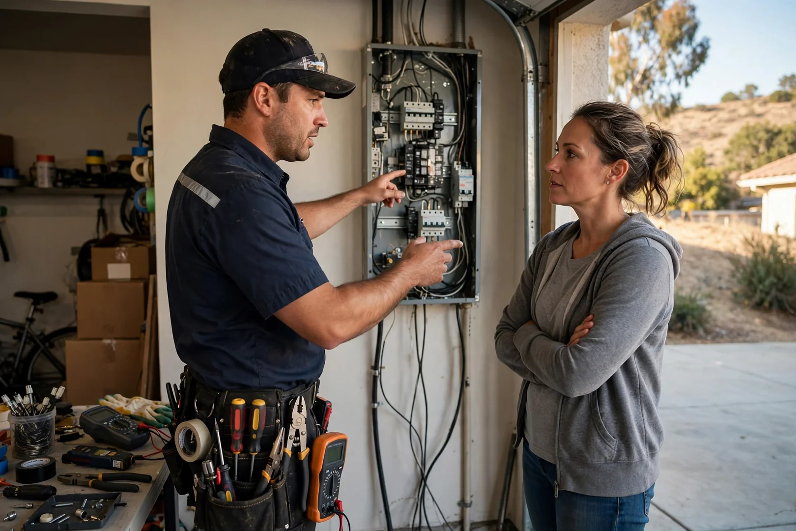 Electrician mounting a Level 2 EV charger on a San Ramon garage wall near subpanel