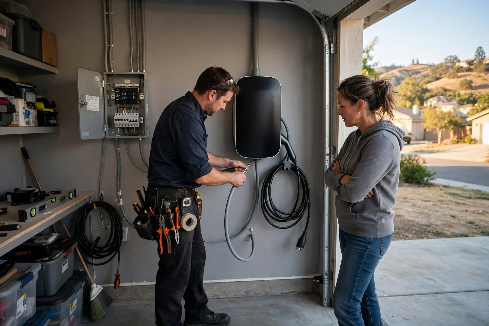 Wall-mounted Level 2 EV charger installed in a clean residential garage in San Ramon