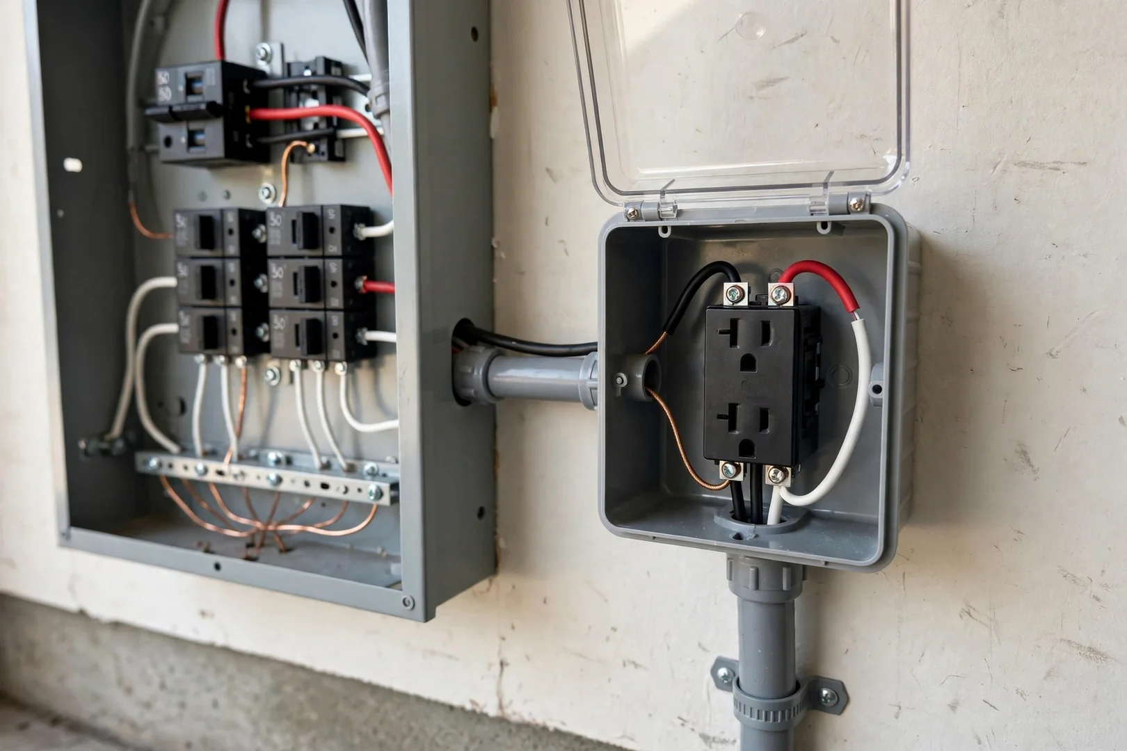New 240-volt NEMA 14-50 receptacle mounted beside a home electrical panel