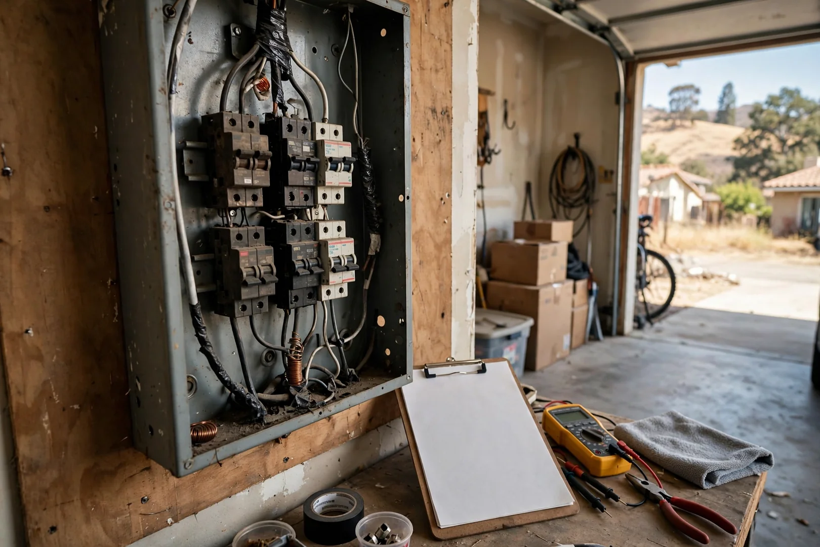 Older electrical panel opened for load evaluation before an EV charger circuit upgrade