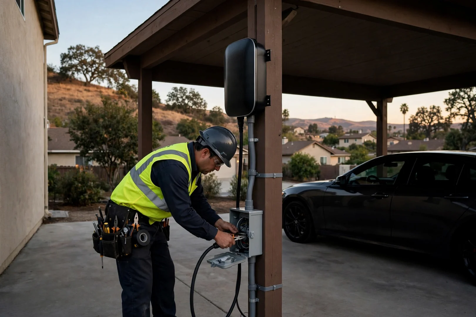 Finished charging setup at a townhome carport with weatherproof conduit and disconnect
