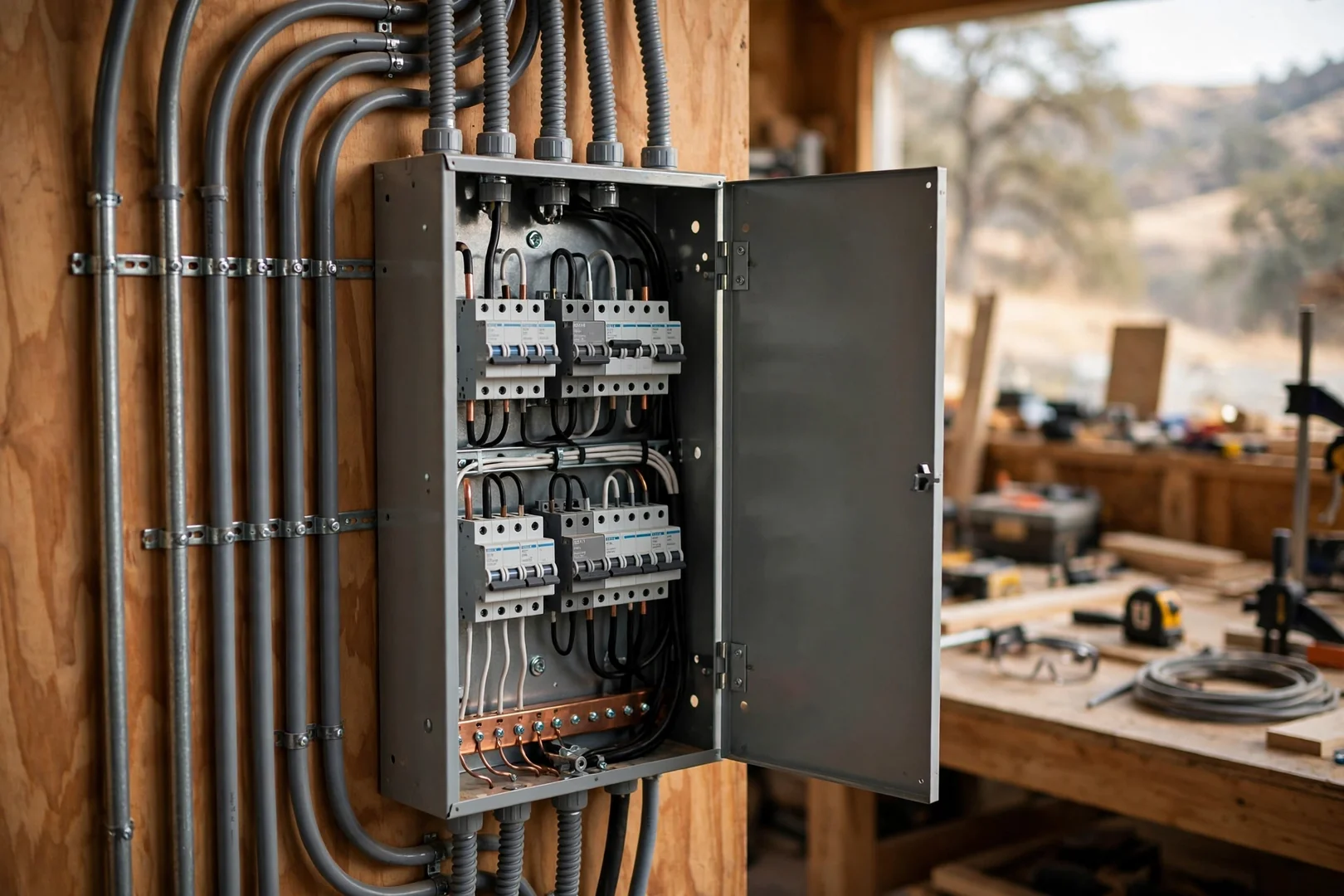 Detached workshop subpanel installed to support a dedicated EV charging circuit