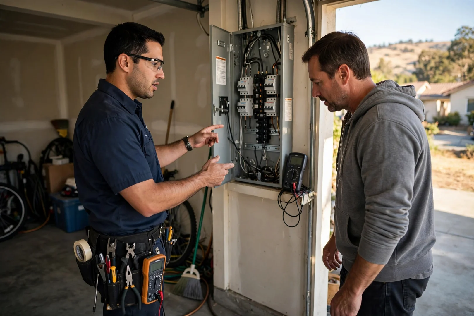 Electrician wiring an automatic transfer switch beside a standby generator at a San Ramon home