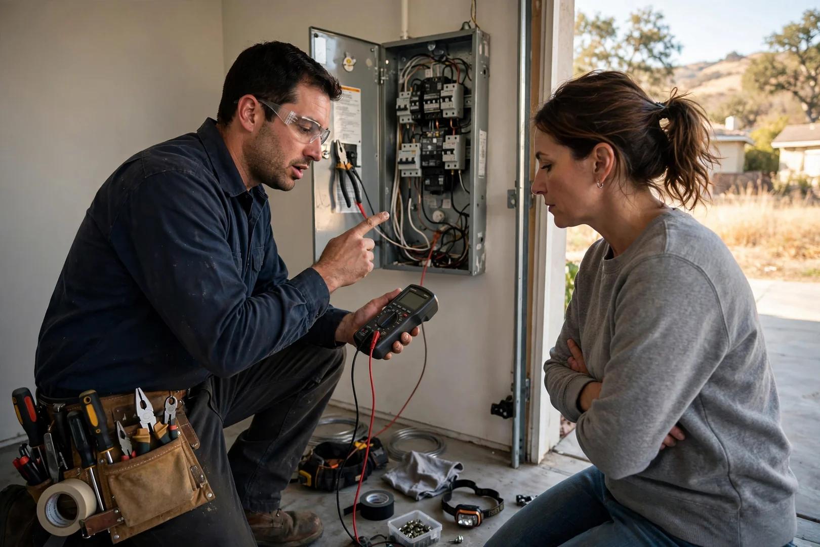 Electrician mounting a standby generator on a concrete pad beside a San Ramon home