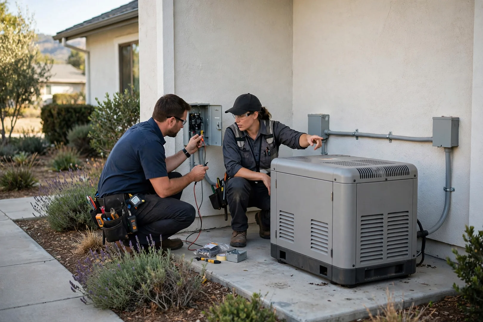 Standby generator installed on concrete pad beside a San Ramon home exterior wall