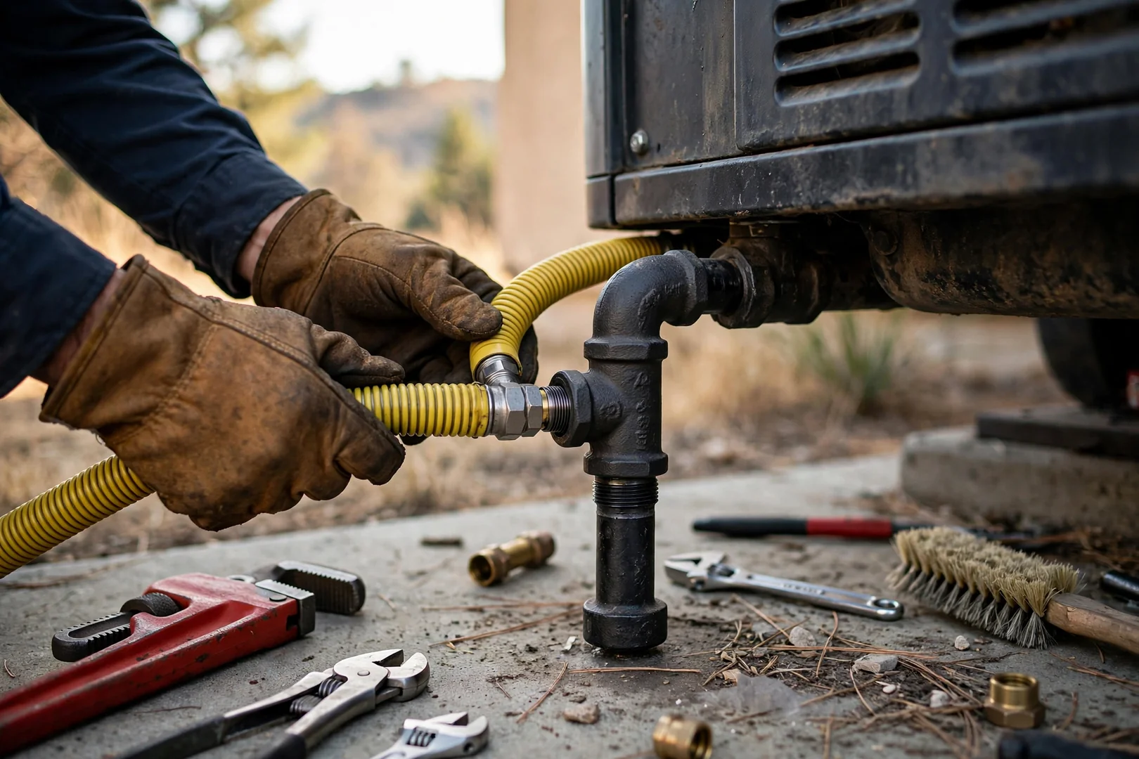 Electrician routing flexible gas line to a newly set backup generator unit