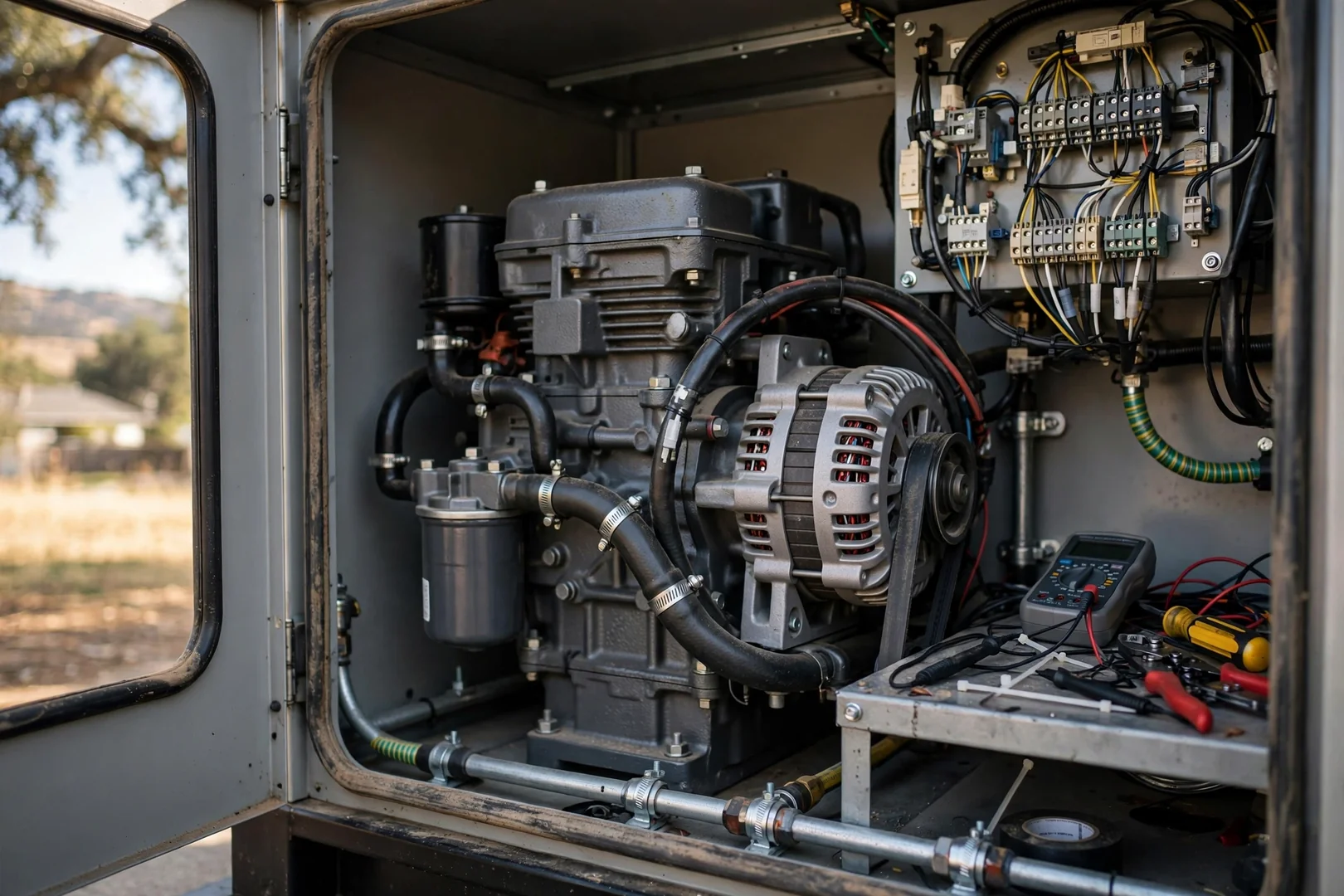 Open generator enclosure showing engine, alternator, and control board during commissioning