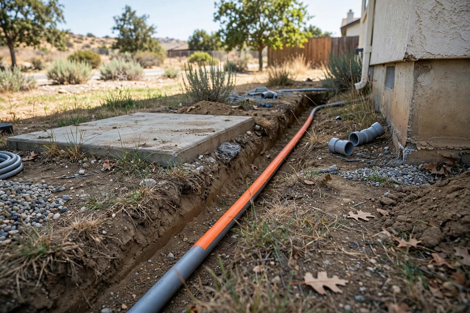 Trenched conduit run connecting generator location to home electrical service