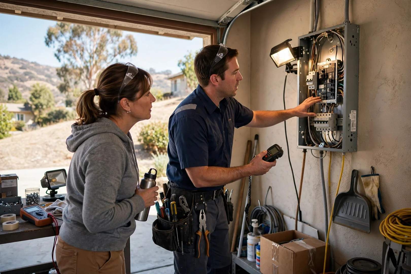 Homeowner reviewing a written electrical estimate for GFCI outlet work at a kitchen table