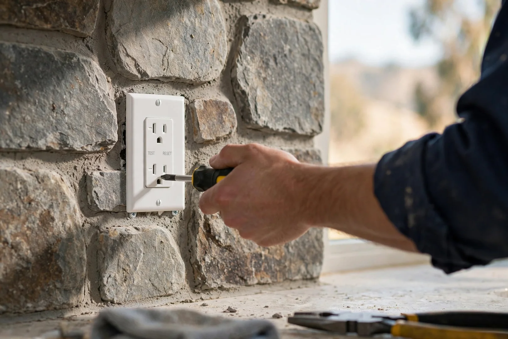 Newly installed GFCI outlet above a kitchen counter with test and reset buttons visible