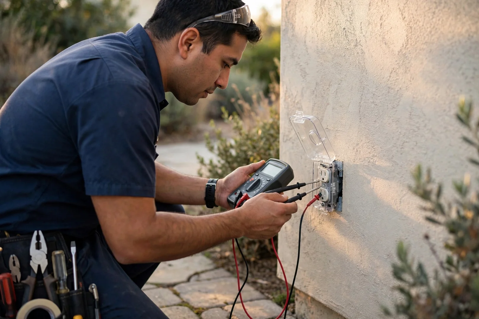 Weather-resistant GFCI outlet with hinged cover mounted on an exterior stucco patio wall