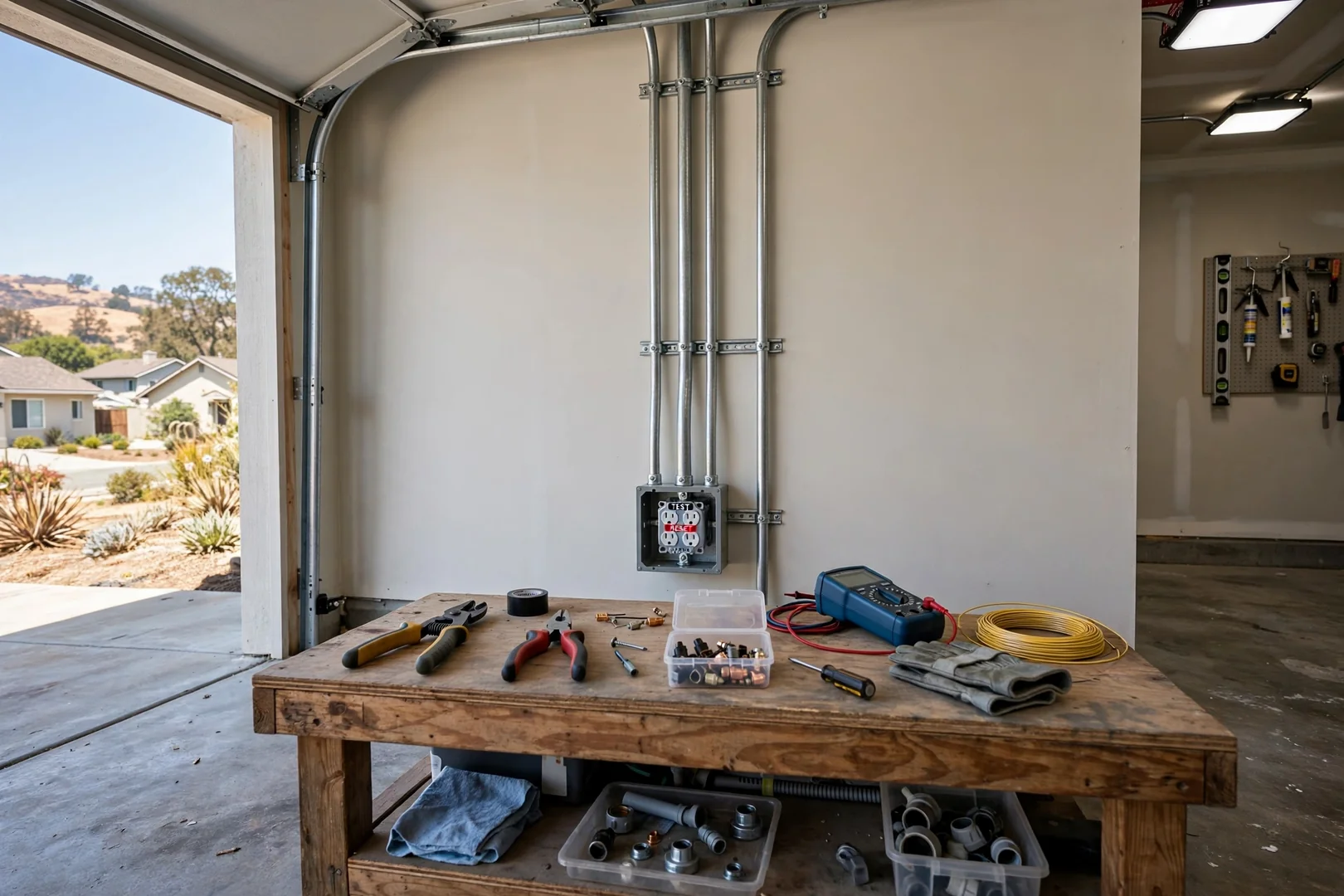 Garage wall outlet replaced with a GFCI device beside exposed conduit and a workbench