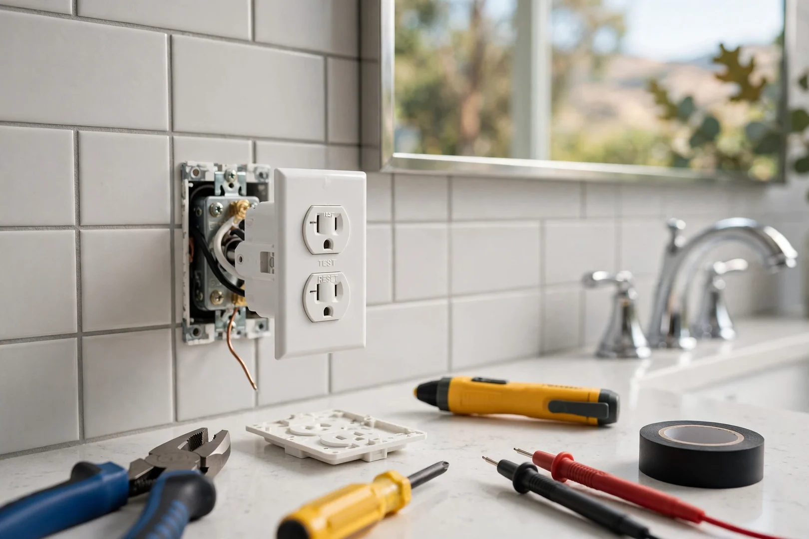 Bathroom vanity outlet with fresh GFCI device installed next to a mirror and sink